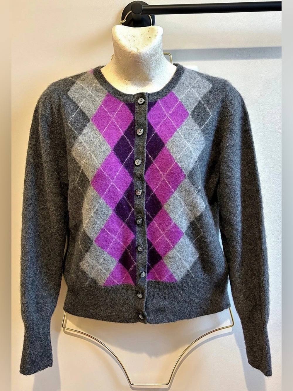 100% Cashmere Argyle Cardigan Sweater Apt 9 Grey/Purple/Multi Color Button Up